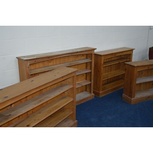 1201 - A COLLECTION OF FOUR PINE OPEN BOOKCASES of various sizes, the largest width 152cm x depth 26cm x he... 