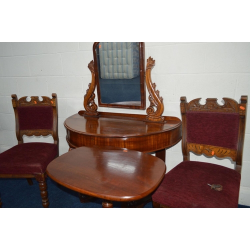 1204 - A VICTORIAN MAHOGANY DUTCHESS DRESSING TABLE, scrolled mirror arm supports, with a hinged top, two c... 