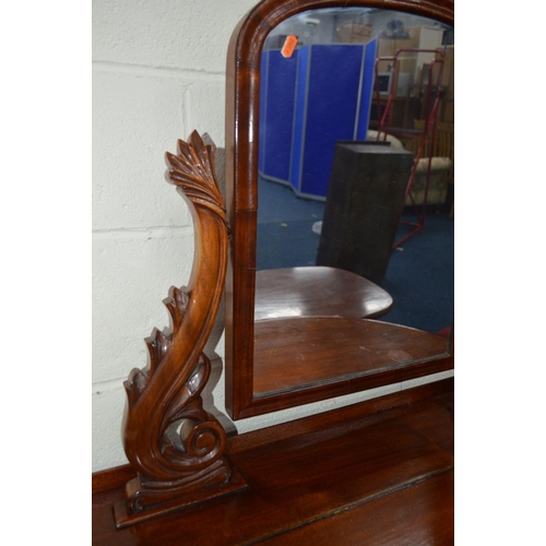 1204 - A VICTORIAN MAHOGANY DUTCHESS DRESSING TABLE, scrolled mirror arm supports, with a hinged top, two c... 