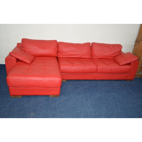 1211 - A BRIGHT RED LEATHER LA METEORA CORNER SOFA on wooden block legs together with two cushions, length ... 