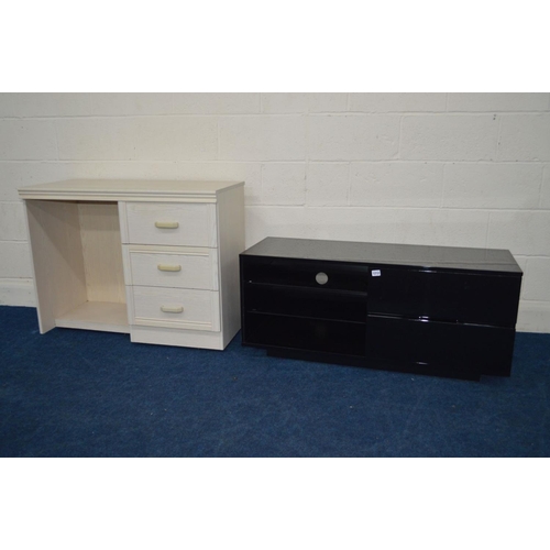 1212 - A MODERN BLACK GLOSS TV CABINET WITH TWO DRAWERS together with a modern limed effect desk with three... 