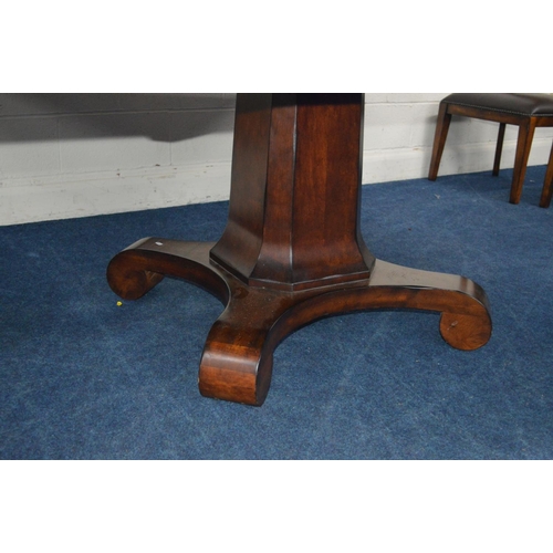 1216 - A SQUARE REPRODUCTION FLAME MAHOGANY AND MAHOGANY BANDED FINISH EXTENDING DINING TABLE, extending at... 