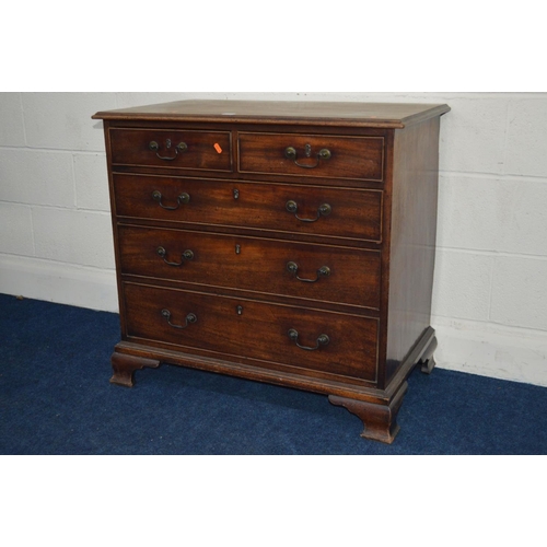 1218 - A GEORGE III MAHOGANY CHEST of two short and three long graduating drawers, swan neck handles, brass... 