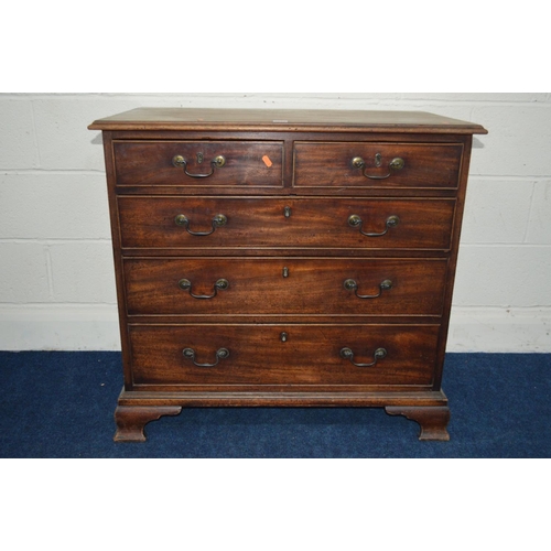 1218 - A GEORGE III MAHOGANY CHEST of two short and three long graduating drawers, swan neck handles, brass... 