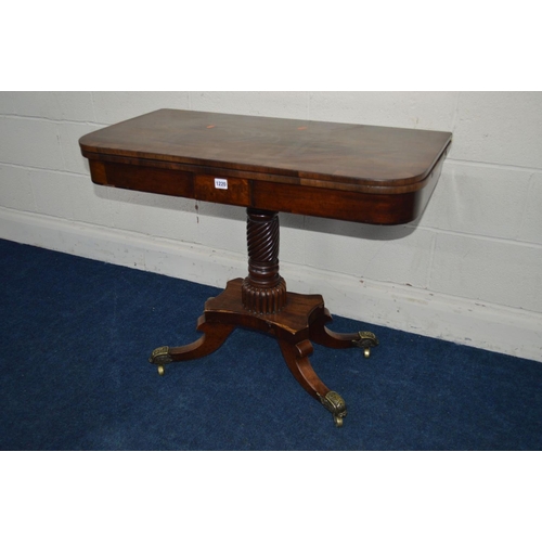 1220 - A REGENCY MAHOGANY TEA TABLE, with cross banding detail to top, central support in the form of barle... 