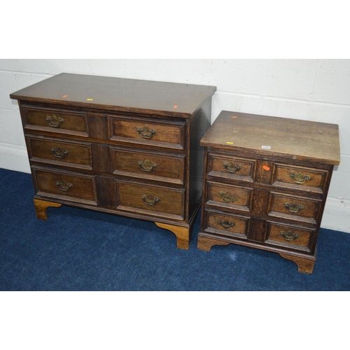 1222 - TWO EARLY 20TH CENTURY OAK CHEST OF THREE LONG DRAWERS, on bracket feet, in two sizes, biggest chest... 