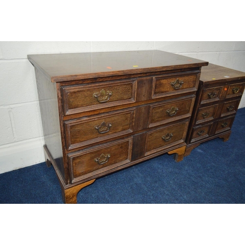 1222 - TWO EARLY 20TH CENTURY OAK CHEST OF THREE LONG DRAWERS, on bracket feet, in two sizes, biggest chest... 