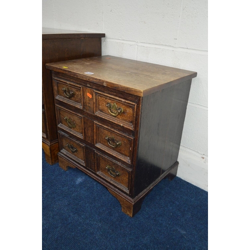 1222 - TWO EARLY 20TH CENTURY OAK CHEST OF THREE LONG DRAWERS, on bracket feet, in two sizes, biggest chest... 