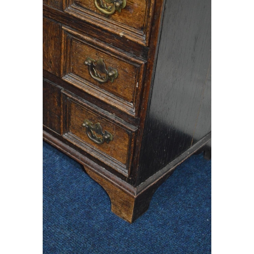 1222 - TWO EARLY 20TH CENTURY OAK CHEST OF THREE LONG DRAWERS, on bracket feet, in two sizes, biggest chest... 