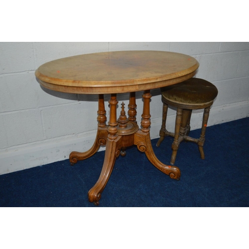 1223 - A LATE 19TH CENTURY BURR WALNUT CENTRE TABLE on a scrolled base together with an Edwardian swivel st... 