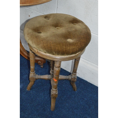 1223 - A LATE 19TH CENTURY BURR WALNUT CENTRE TABLE on a scrolled base together with an Edwardian swivel st... 