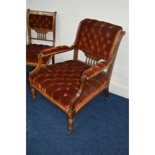 1224 - AN EDWARDIAN WALNUT FIVE PIECE PARLOUR SUITE comprising of a gentleman's armchair and six chairs, co... 