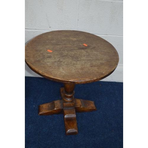 1229 - A REPRODUCTION OAK CIRCULAR TOPPED OCCASIONAL TABLE together with a square occasional table (2)