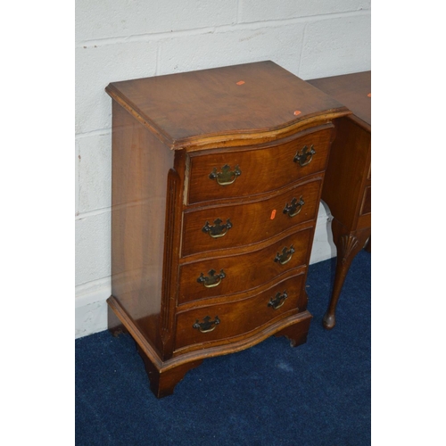 1234 - A MODERN MAHOGANY SERPENTINE CHEST OF FOUR DRAWERS together with a two drawer bedside cabinet (2)