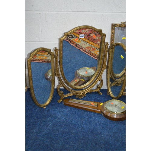 1237 - A MODERN GILT TRIPLE DRESSING MIRROR, another mirror, an oak barometer and a brass table lamp (4)