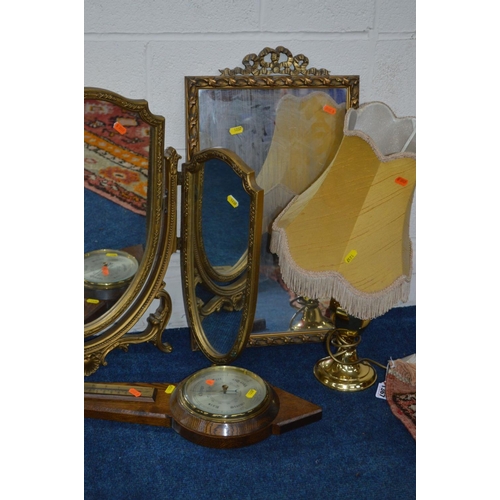 1237 - A MODERN GILT TRIPLE DRESSING MIRROR, another mirror, an oak barometer and a brass table lamp (4)