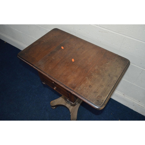 1241 - A VICTORIAN MAHOGANY DROP LEAF WORK TABLE, with two drawers in bobbin turned support and a triform b... 