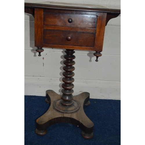 1241 - A VICTORIAN MAHOGANY DROP LEAF WORK TABLE, with two drawers in bobbin turned support and a triform b... 