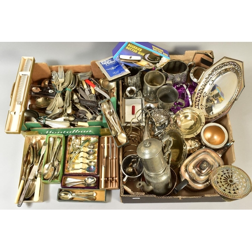 126 - THREE BOXES OF SILVER PLATE, etc, boxed and loose cutlery, EPNS, chrome plated and other souvenir sp... 