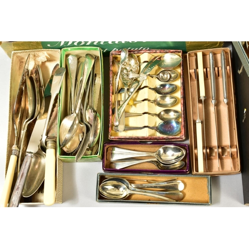 126 - THREE BOXES OF SILVER PLATE, etc, boxed and loose cutlery, EPNS, chrome plated and other souvenir sp... 