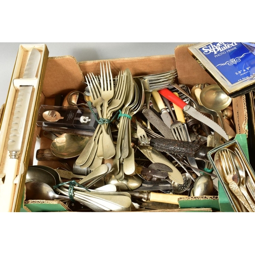 126 - THREE BOXES OF SILVER PLATE, etc, boxed and loose cutlery, EPNS, chrome plated and other souvenir sp... 