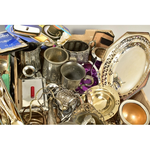 126 - THREE BOXES OF SILVER PLATE, etc, boxed and loose cutlery, EPNS, chrome plated and other souvenir sp... 