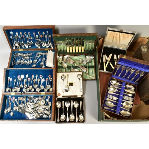 126 - THREE BOXES OF SILVER PLATE, etc, boxed and loose cutlery, EPNS, chrome plated and other souvenir sp... 