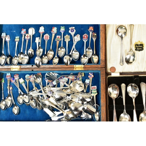 126 - THREE BOXES OF SILVER PLATE, etc, boxed and loose cutlery, EPNS, chrome plated and other souvenir sp... 