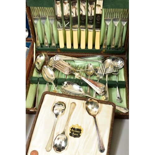 126 - THREE BOXES OF SILVER PLATE, etc, boxed and loose cutlery, EPNS, chrome plated and other souvenir sp... 