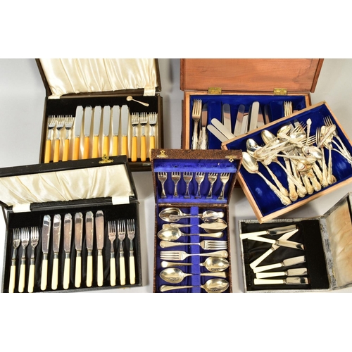 126 - THREE BOXES OF SILVER PLATE, etc, boxed and loose cutlery, EPNS, chrome plated and other souvenir sp... 