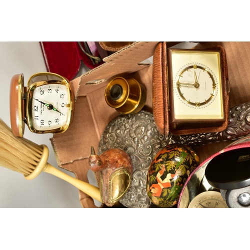 127 - A BOX OF SILVER, METALWARES, COLLECTABLES, etc, including travel clocks, glasses and sunglasses, com... 