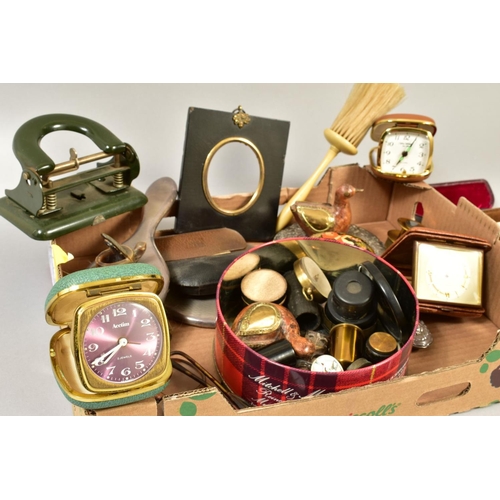 127 - A BOX OF SILVER, METALWARES, COLLECTABLES, etc, including travel clocks, glasses and sunglasses, com... 