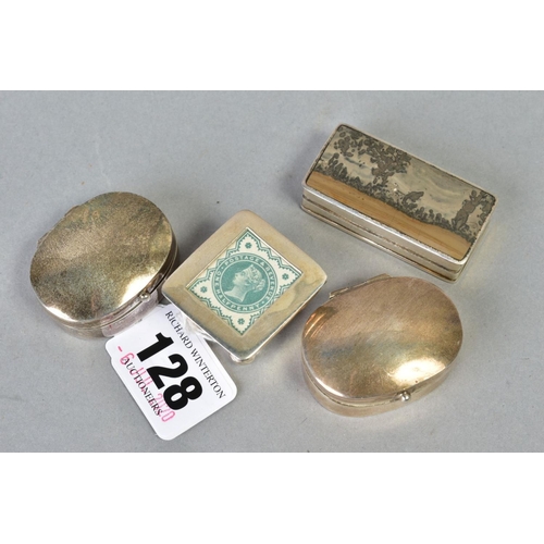 128 - FOUR MODERN SILVER PILL/STAMP BOXES, comprising a pair of Mexican oval boxes, a rectangular box with... 