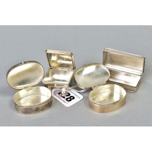 128 - FOUR MODERN SILVER PILL/STAMP BOXES, comprising a pair of Mexican oval boxes, a rectangular box with... 