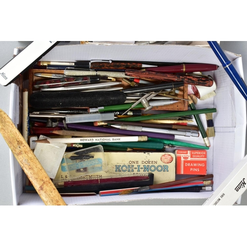 133 - A SMALL TRAY OF VINTAGE WRITING EQUIPMENT, including Fountain, ballpoint pens and pencils, Burnham, ... 