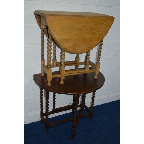 1365 - TWO OAK DROP LEAF TABLES, one table stripped