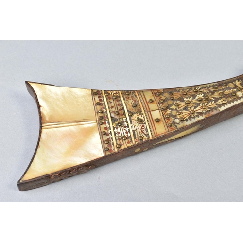 142 - AN ANTIQUE ARAB FLINTLOCK MUZZLE LOADING MUSKET, with decorative bone and mother of pearl inlays to ... 