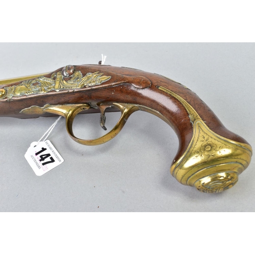 147 - A 21 BORE BRASS BARREL FLINTLOCK HOLSTER PISTOL dating from the late 1700's, it's 8'' brass barrel i... 