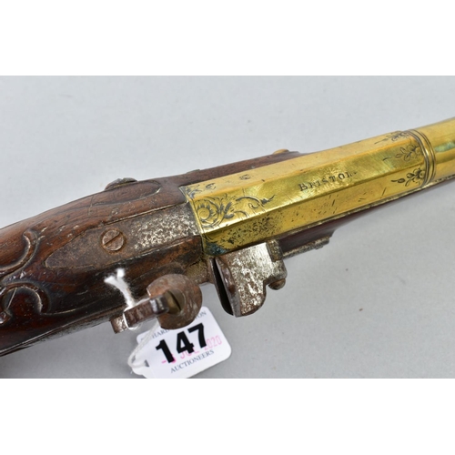 147 - A 21 BORE BRASS BARREL FLINTLOCK HOLSTER PISTOL dating from the late 1700's, it's 8'' brass barrel i... 