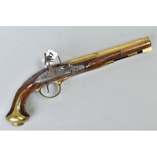 147 - A 21 BORE BRASS BARREL FLINTLOCK HOLSTER PISTOL dating from the late 1700's, it's 8'' brass barrel i... 