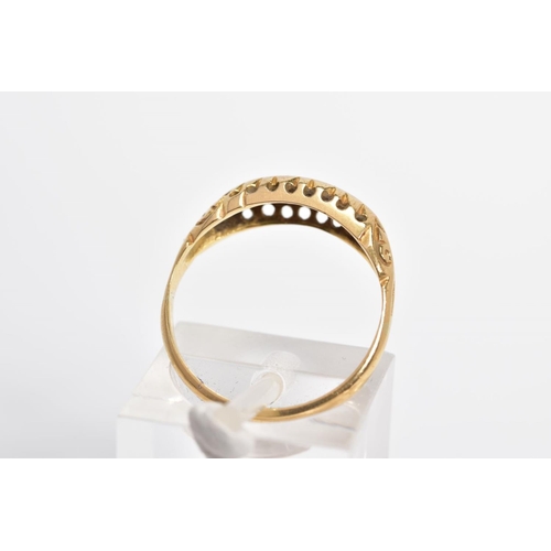 15 - A DIAMOND BOAT RING, designed as a line of five graduated single cut and rough cut diamonds with scr... 