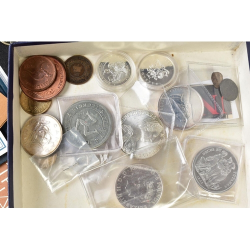 155 - A BOX OF COINS, COMMEMORATIVES, YEAR SETS to include a silver Lion of England five pound coin, Canad... 