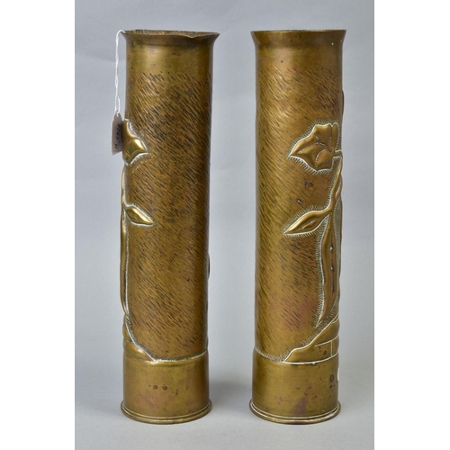 159 - TWO WWI ERA SHELL CASES, approximate 9cm diameter x 35cm length, the sides have been fashioned in th... 