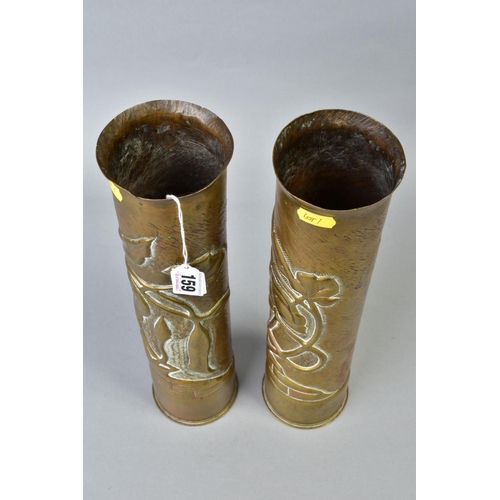 159 - TWO WWI ERA SHELL CASES, approximate 9cm diameter x 35cm length, the sides have been fashioned in th... 