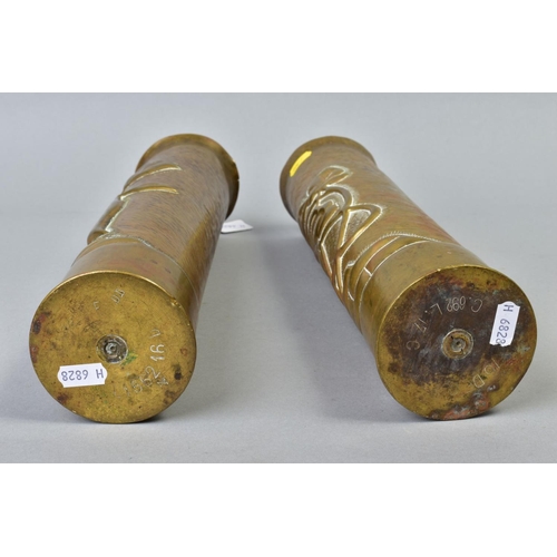 159 - TWO WWI ERA SHELL CASES, approximate 9cm diameter x 35cm length, the sides have been fashioned in th... 