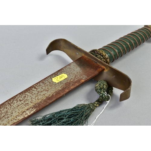 160 - A COPY OF A MEDIEVAL STYLE SWORD, blade approximate 80cm in length, metal crossguard, and a green le... 