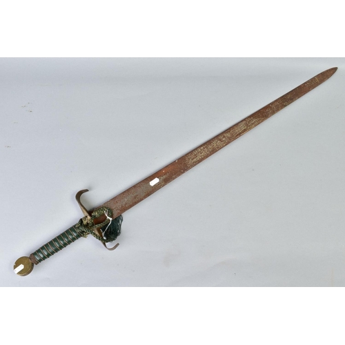 160 - A COPY OF A MEDIEVAL STYLE SWORD, blade approximate 80cm in length, metal crossguard, and a green le... 