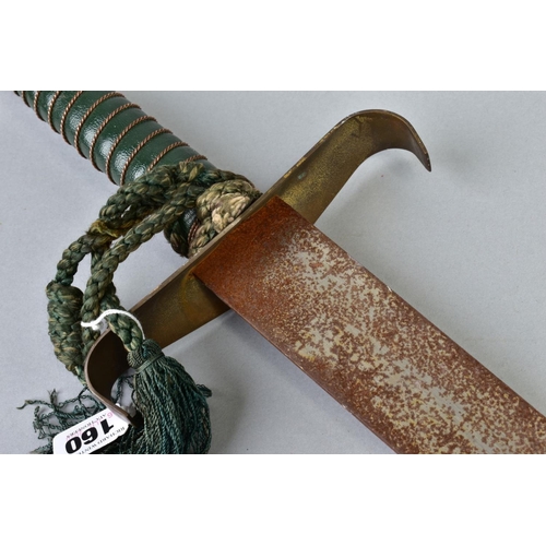 160 - A COPY OF A MEDIEVAL STYLE SWORD, blade approximate 80cm in length, metal crossguard, and a green le... 