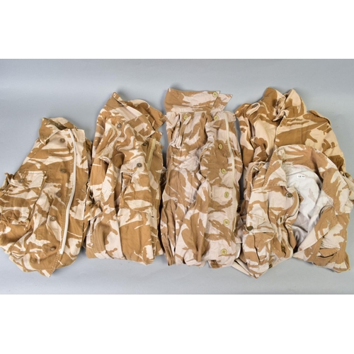 163 - FIVE BRITISH ARMY DESERT CAMO LIGHWEIGHT JACKETS and two pairs of desert camo combat trousers, all u... 