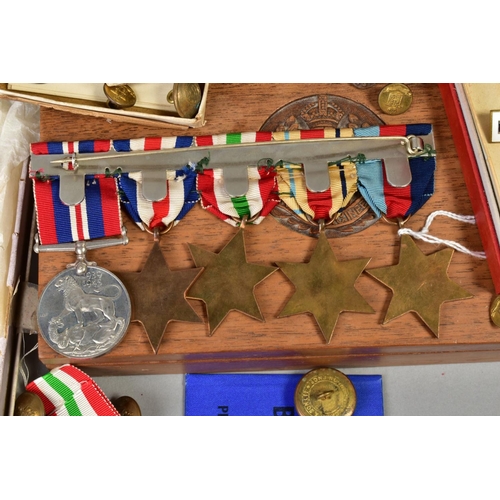 164 - A BOX CONTAINING A WWII GROUP OF MEDALS AS FOLLOWS, 1939-45 Africa (8th Army Bar), Italy, France and... 